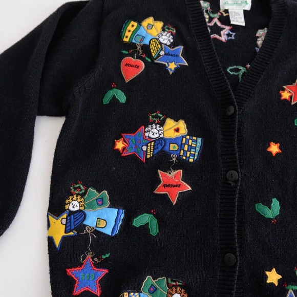 Vintage The Quacker Factory Black Embroidered Angels Cardigan Knit  Sweater M - Picture 8 of 12